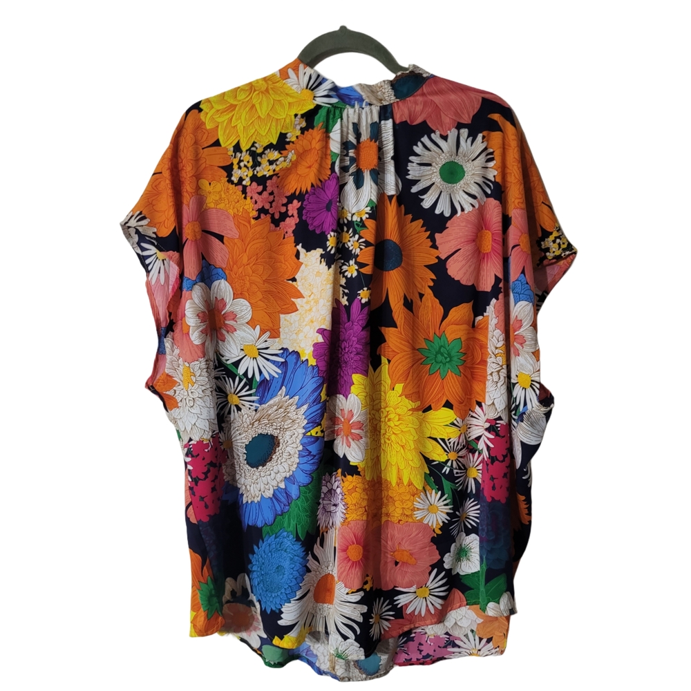 SHEIN Orange Yellow Cap-Sleeved Floral Blouse with Mandarin Collar Size 4XL